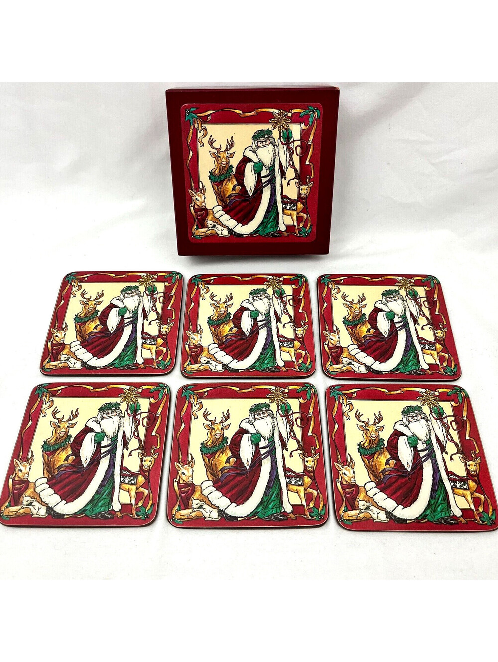 Vintage Boxed Set of 6 Woodland Santa Father Christmas Coasters Made in Taiwan